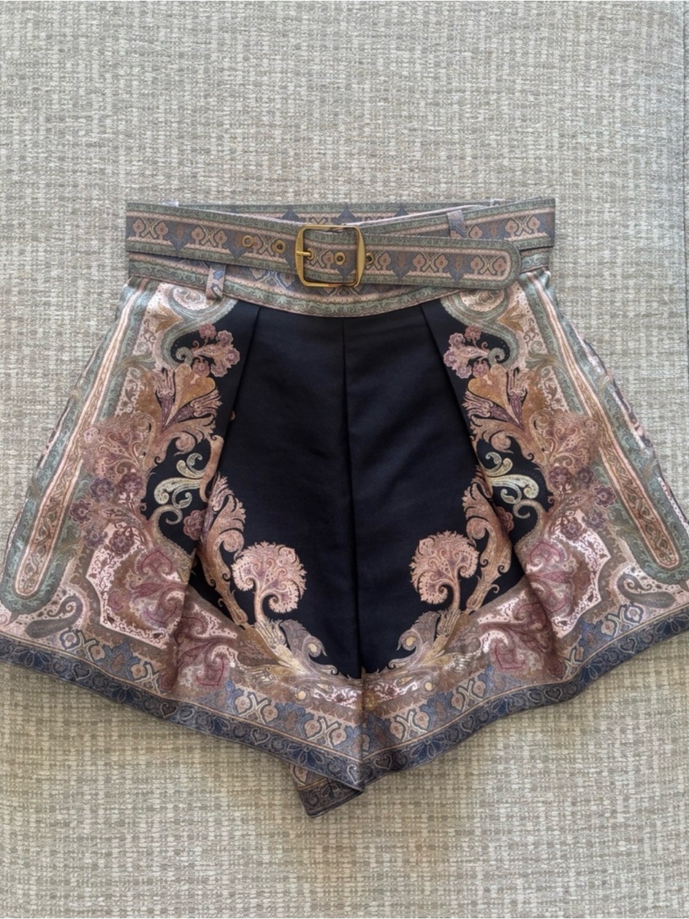 Zimmermann Black Paisley-Trim High-Waist Shorts with Belt